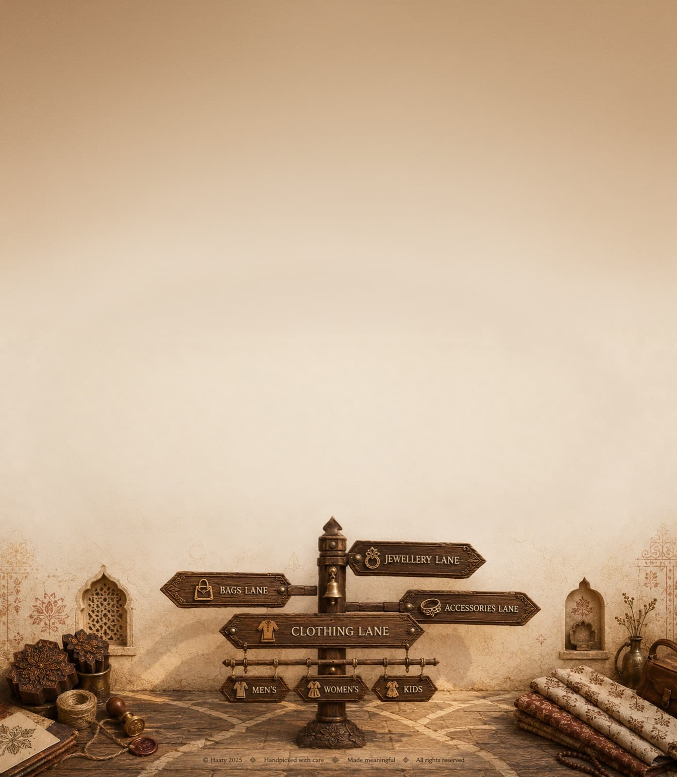 A wooden signpost pointing to Haaty's Clothing, Jewellery, Bags, and Accessories lanes