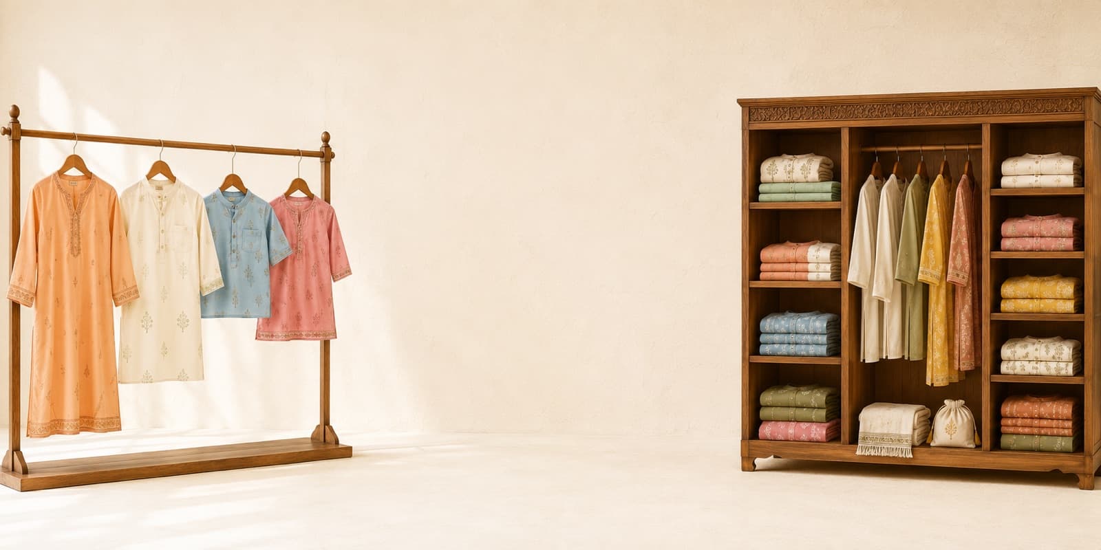 A wooden clothing rack and wardrobe inside the Haaty bazaar