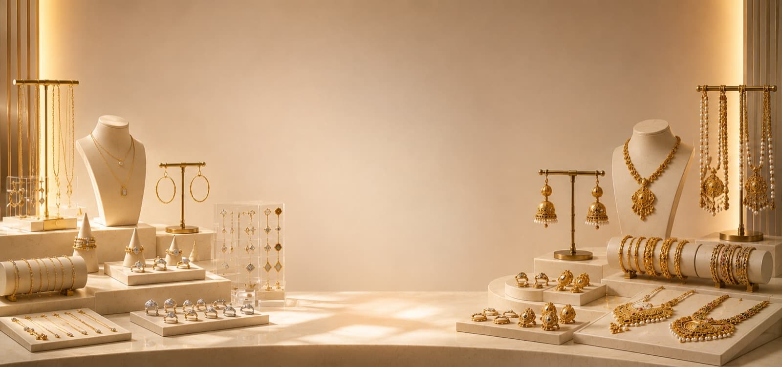 Gold necklaces, earrings, and bangles displayed inside the Haaty bazaar