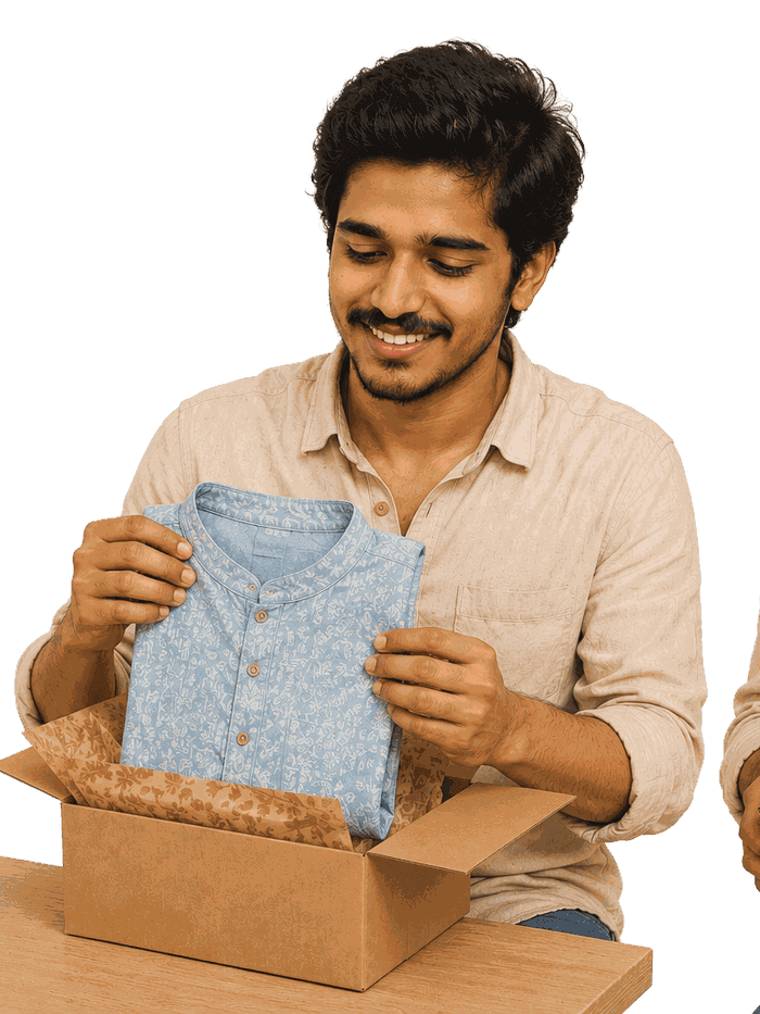 Two friends unboxing a blue printed kurta