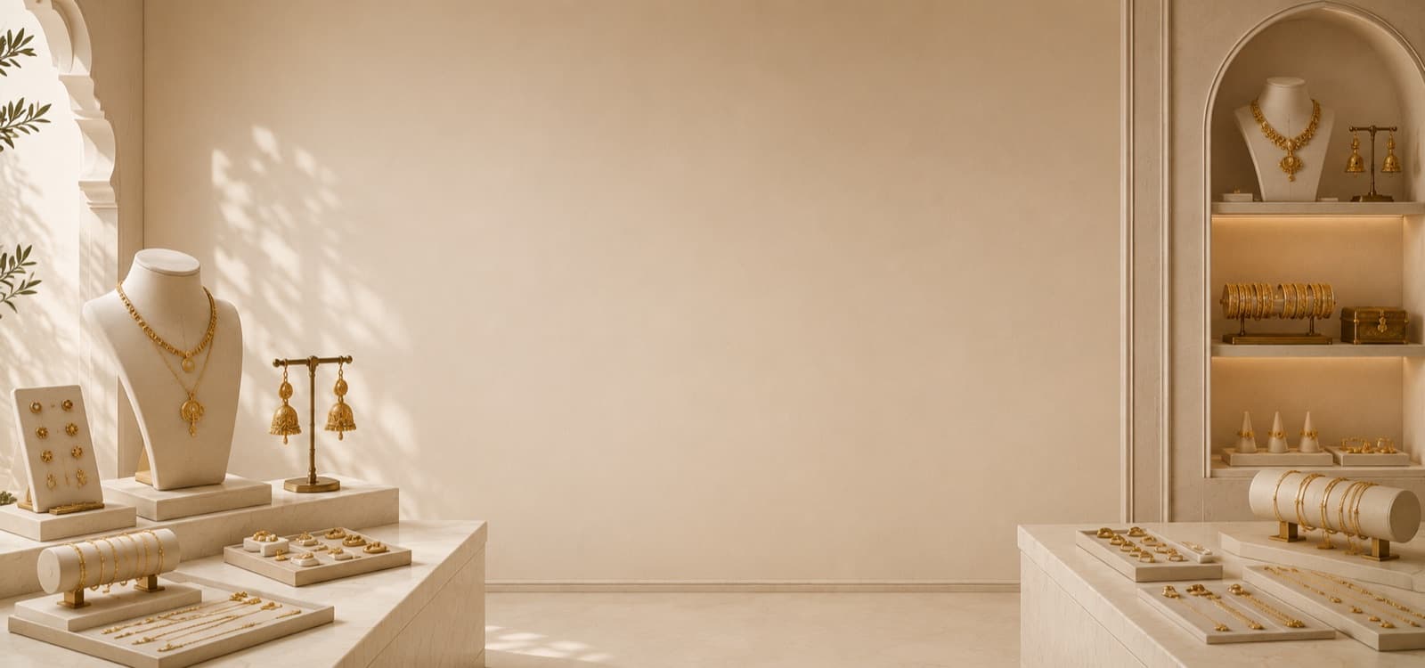 A jewellery boutique interior with gold necklaces, bangles, and earrings on display